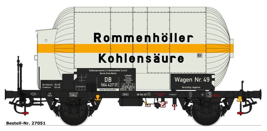 Wagen Nr. 49, Kessel weiß, mit gelbem Streifen, kleine Aufschrift "Rommenhöller Kohlensäure", Bauzustand ca. 1964